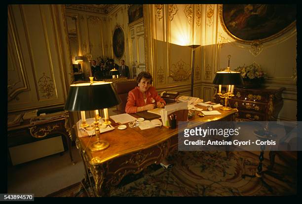 Edith Cresson, the first woman Prime Minister of France, in her office in the Matignon Hotel.