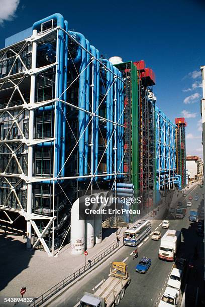 Exterior view of the Centre Georges Pompidou, also called Beaubourg, located in the center of Paris along rue Renard and rue Beaubourg. The center,...