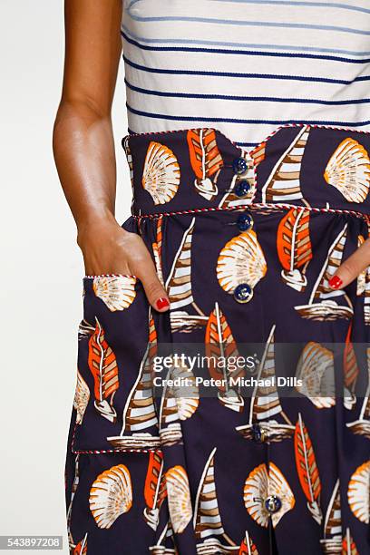 Model, fashion detail, walks the runway at the Lena Hoschek show during the Mercedes-Benz Fashion Week Berlin Spring/Summer 2017 at Erika Hess...