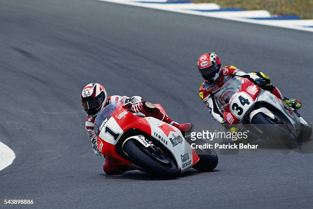 Americans Wayne Rainey and Kevin Schwantz ride during the Spanish Grand Prix.