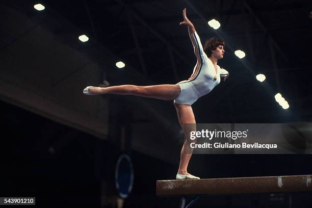 Nadia Comaneci from Romania during her routine on the balance beam at the 1980 Olympic Games.