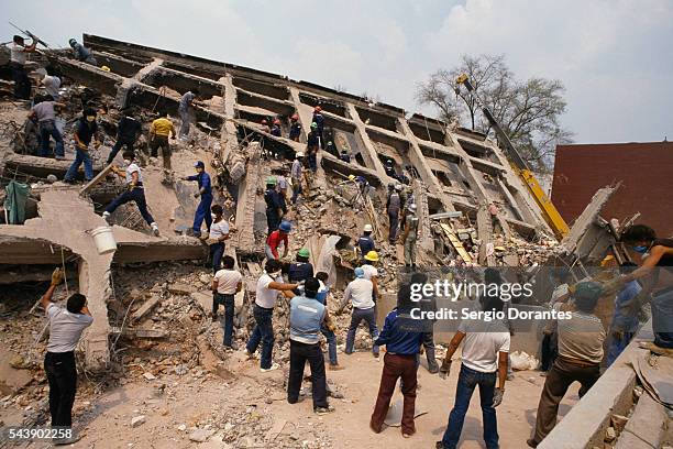 Emergency workers search for victims after the earthquake.