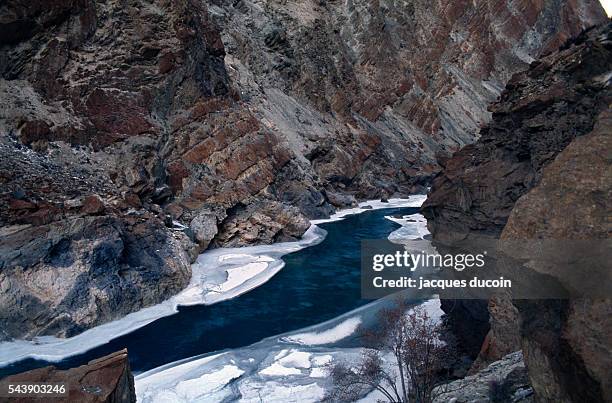 The Zanskar River, frozen in the valley.