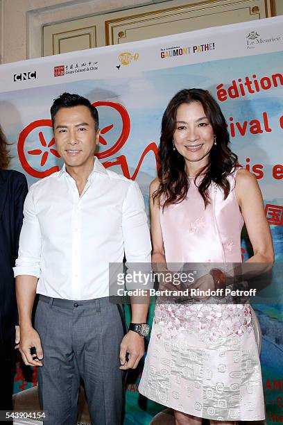 Actors Donnie Yen and Michelle Yeoh attend 6th Chinese Film Festival : Press Conference at Hotel Meurice on June 30, 2016 in Paris, France.