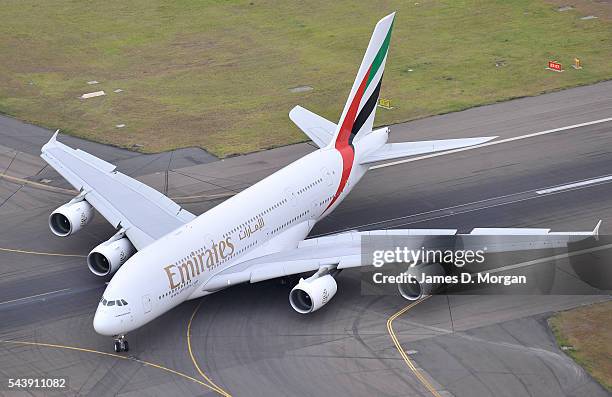 Emirates Airlines first A380 arriving on February 03, 2009 in Sydney, Australia. After its very first flight from Dubai to Sydney and onto Auckland,...