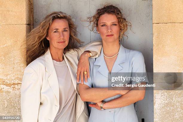 Brigitte Fossey and her daughter Marie Adam on the set of television series Le Chateau des Oliviers, directed by Nicolas Gessner.