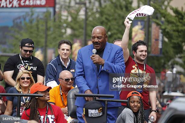 Cleveland Legend and Former NFL player, Jim Brown speaks to the crowd during the Cleveland Cavaliers Victory Parade And Rally on June 22, 2016 in...