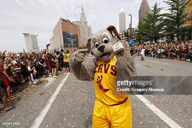 The Cleveland Cavaliers mascot, Moondog celebartes during the Cleveland Cavaliers Victory Parade And Rally on June 22, 2016 in downtown Cleveland,...