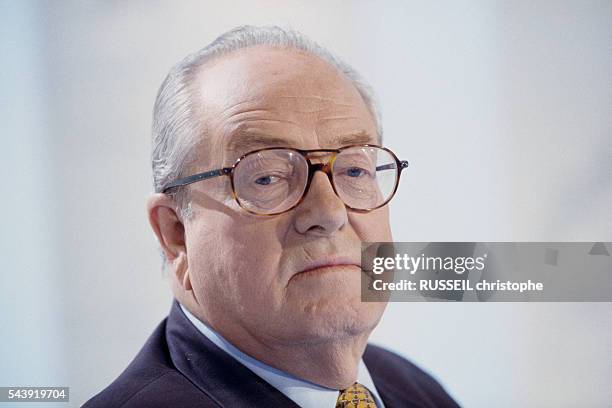 French far right-wing and nationalist politician, founder and president of the National Front party, Jean-Marie Le Pen on the set of "Mots Croisés"...