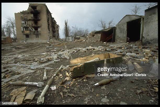 Rockets in Grozny streets after the fights between guerilla and Russian Army