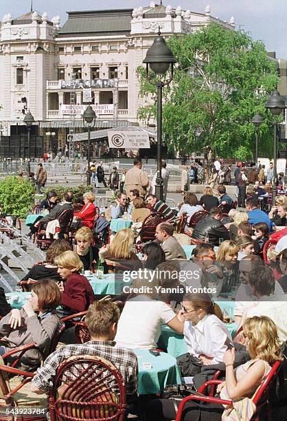 Serb civilians at a cafe terrace in the center of Belgrade.