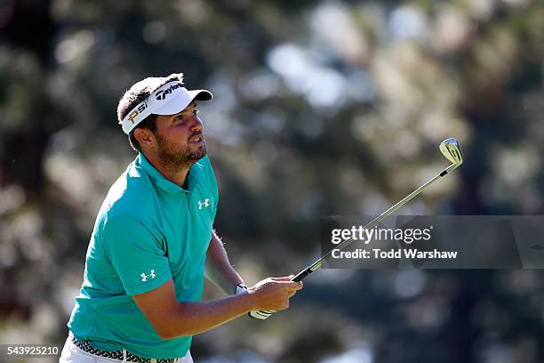 Jeff Overton plays his shot from the third tee during the first round of the Barracuda Championship at the Montreux Golf and Country Club on June 30,...