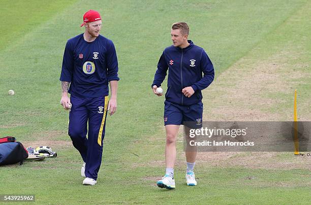 Ben Stokes of Durham chats with team-mate Scott Borthwick whilst warming up during the NatWest T20 Blast game between Durham Jets and Worcestershire...