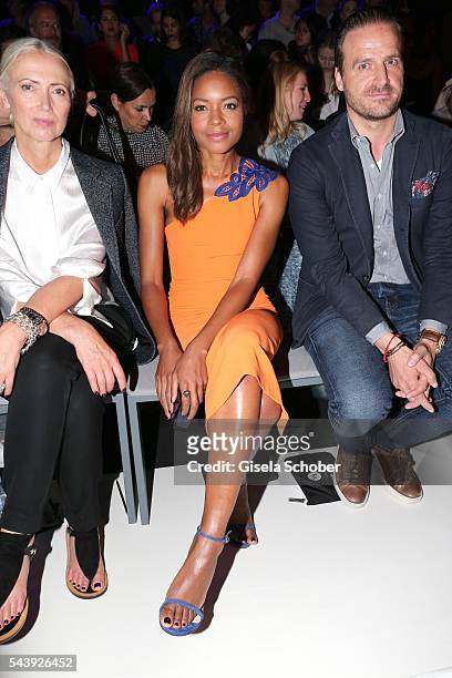 Editor in chief of Vogue, Christiane Arp, Naomi Harris and John Cloppenburg attend the 'Designer for Tomorrow' during the Mercedes-Benz Fashion Week...