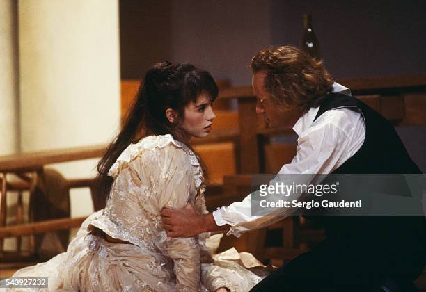 Actors Isabelle Adjani and Niels Arestrup perform in the August Strindberg play Miss Julie at the Edouard VII theater.
