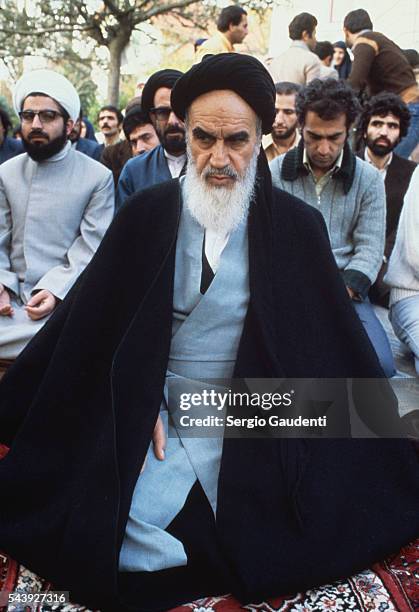 Iranian religious leader Ayatollah Khomeini at his residence in the leafy Paris suburb of Neauphle-le Chateau during his exile.