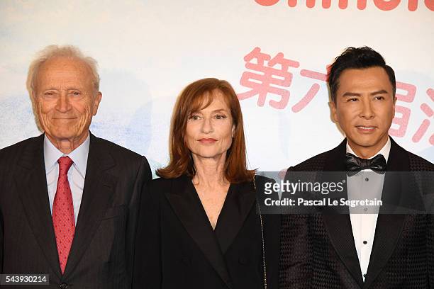 Jerome Seydoux,Isabelle Huppert and Donnie Yen attend the 6th Chinese Film Festival : Photocall at Cinema Gaumont Marignan on June 30, 2016 in Paris,...