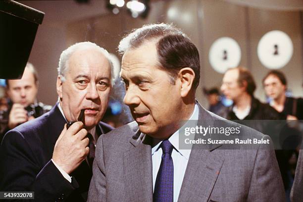 French politicians Robert Pandraud and Charles Pasqua on the set of talk show "L'Heure de Verite".