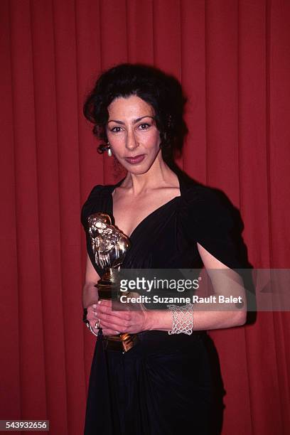 French writer and actress Yasmina Reza during the 9th evening of the Molieres of French Theater, with her trophy for her role in the play Art.