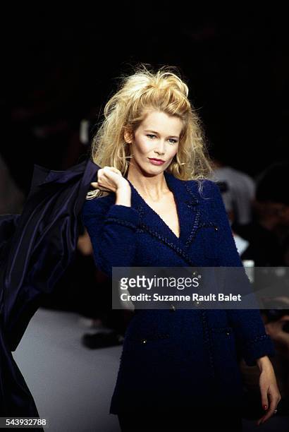German fashion model Claudia Schiffer on the catwalk during a fashion show for Chanel.