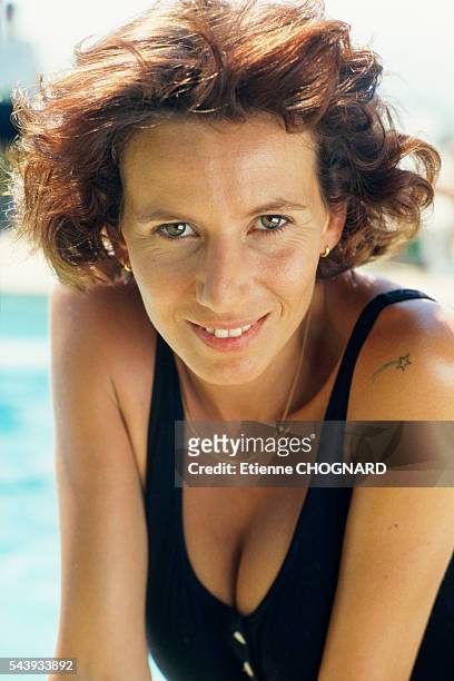 French actress Fiona Gelin during the filming of television series Un Prive au Soleil.