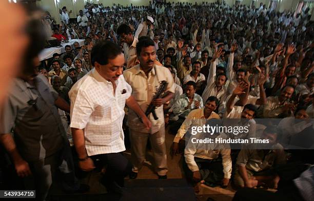 Former Chief Minister and Opposition Leader Narayan Rane arriving for BEST Union Meeting at Municipal High School, Lower Parel after he announced his...