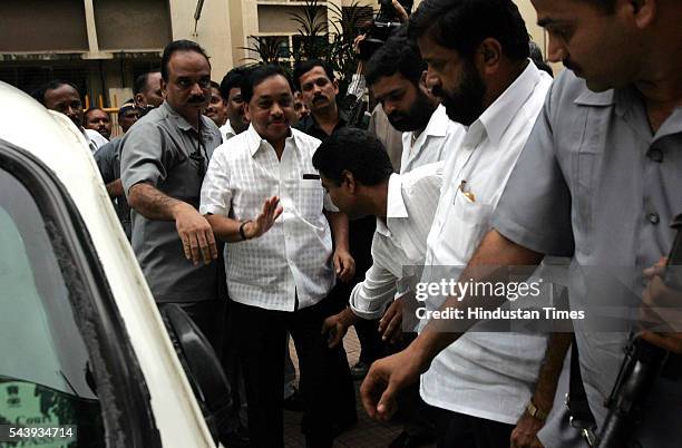 Former Chief Minister and Opposition Leader Narayan Rane arriving for BEST Union Meeting at Municipal High School, Lower Parel after he announced his...