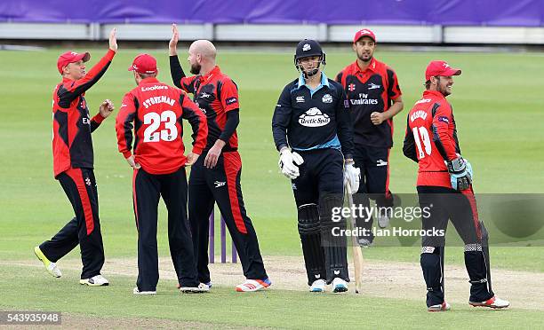 Tom Kohler-Cadmore of Worcestershire walks off out for a duck during the NatWest T20 Blast game between Durham Jets and Worcestershire Rapids at...