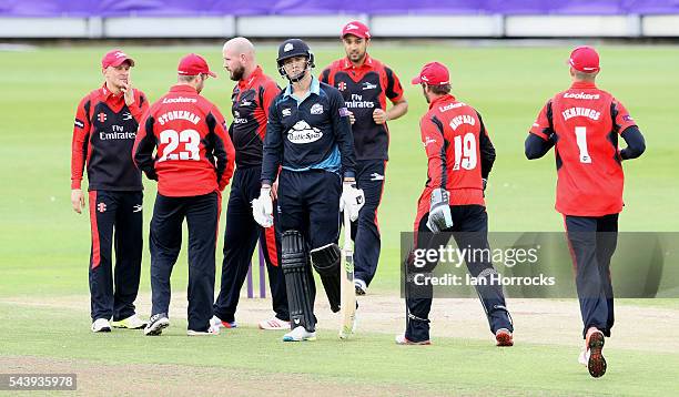 Tom Kohler-Cadmore of Worcestershire walks off out for a duck during the NatWest T20 Blast game between Durham Jets and Worcestershire Rapids at...