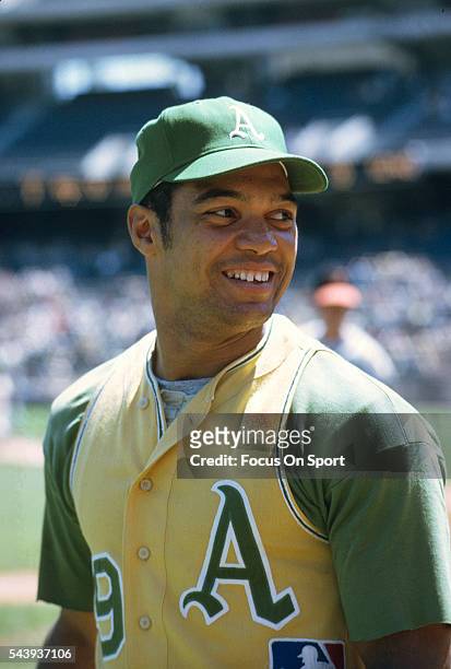 Reggie Jackson of the Oakland Athletics looks on smiling prior to the start of a Major League Baseball game circa 1969 at Oakland-Alameda County...