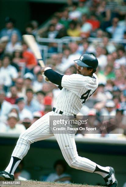 Reggie Jackson of the New York Yankees bats during an Major League baseball game circa 1980 at Yankee Stadium in the Bronx borough of New York City....