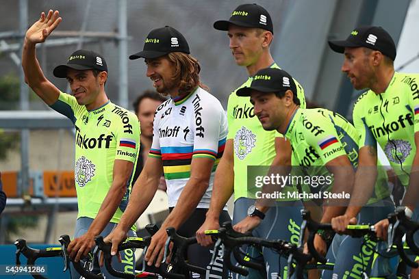 Alberto Contador of Spain alongside Peter Sagan of Slovakia and Team Tinkoff during the team presentations on June 30, 2016 in Sainte-Mere-Eglise,...