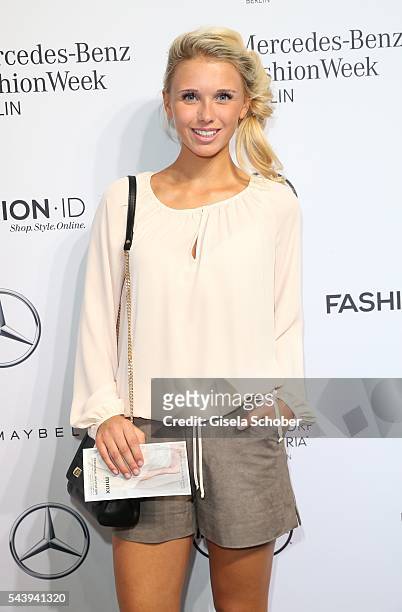 Scarlett Gartmann girlfriend of soccer player Marco Reus, attends the Minx by Eva Lutz show during the Mercedes-Benz Fashion Week Berlin...