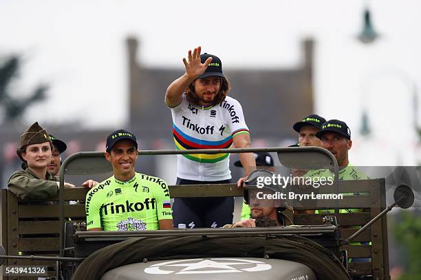 Alberto Contador of Spain Tinkoff and team mate Peter Sagan of Slovakia attend the Team Presentation ahead of the 2016 Tour de France at on June 30,...