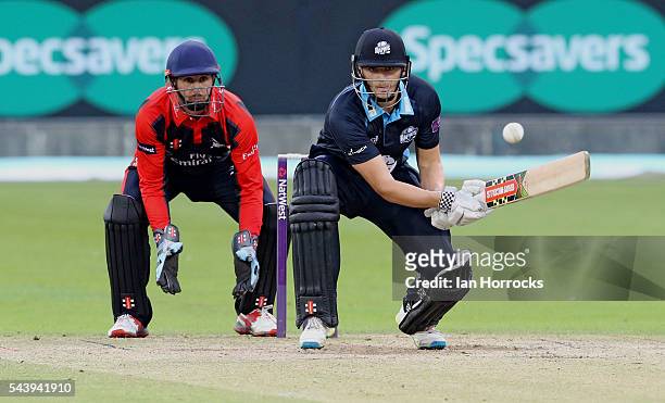 Joe Clarke of Worcestershire tries to sweep the ball during the NatWest T20 Blast game between Durham Jets and Worcestershire Rapids at Emirates...