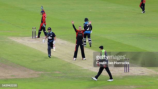 Durham bowler Keaton Jennings appeals for the wicket of Joe Clarke of Worcestershire during the NatWest T20 Blast game between Durham Jets and...