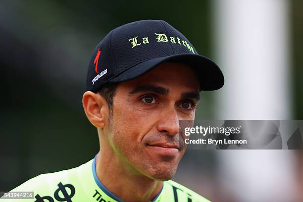 Alberto Contador of Spain and Tinkoff attends the Team Presentation ahead of the 2016 Tour de France at on June 30, 2016 in Sainte-Mere-Eglise,...