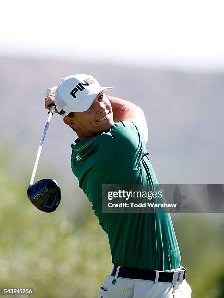 Luke Guthrie plays his shot from the second tee during the first round of the Barracuda Championship at the Montreux Golf and Country Club on June...