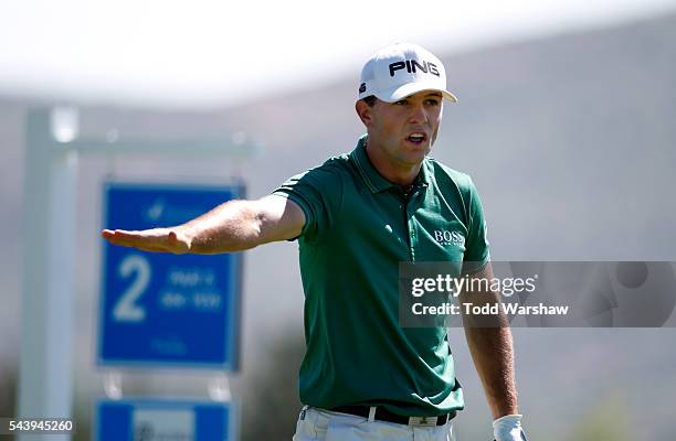 Luke Guthrie plays his shot from the second tee during the first round of the Barracuda Championship at the Montreux Golf and Country Club on June...