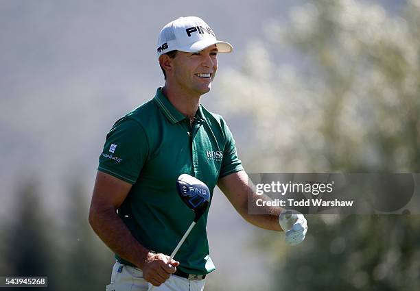 Luke Guthrie plays his shot from the second tee during the first round of the Barracuda Championship at the Montreux Golf and Country Club on June...