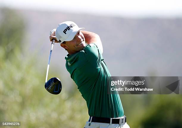 Luke Guthrie plays his shot from the second tee during the first round of the Barracuda Championship at the Montreux Golf and Country Club on June...