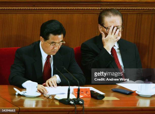 Chinese President, Hu Jintao, and former President, Jiang Zemin, attend a meeting marking the 60th anniversary of the victory of China's Resistance...