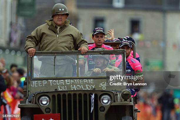 The Lampre-Merida team join the Team Presentation parade ahead of the 2016 Tour de France at on June 30, 2016 in Sainte-Mere-Eglise, France.