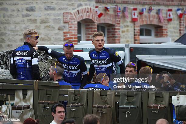 Marcel Kittel of Germany and leader of Etixx Quickstep arrives aboard a first world war military vehicle during the team presentations on June 30,...