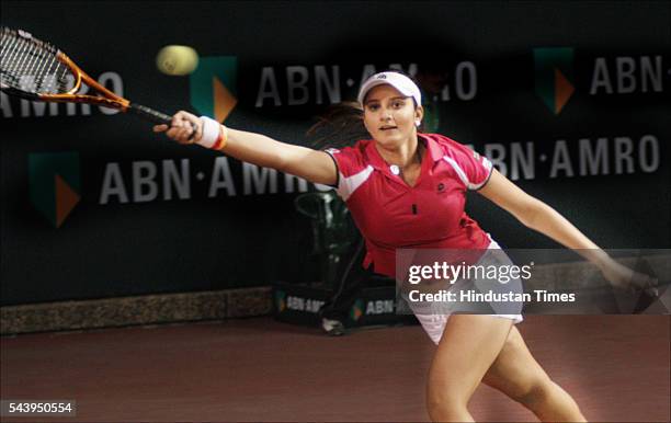 Indian tennis player Sania Mirza in action during an exhibition match against Rajicek and Michaella in ABN AMRO Tennis Challenge at DLTA on April 12...