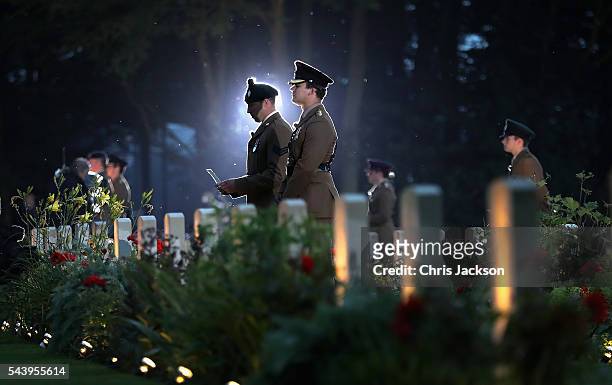 Soldiers take part in a vigil at Thiepval Memorial to the Missing of the Somme during Somme Centenary Commemorations on June 30, 2016 in Thiepval,...