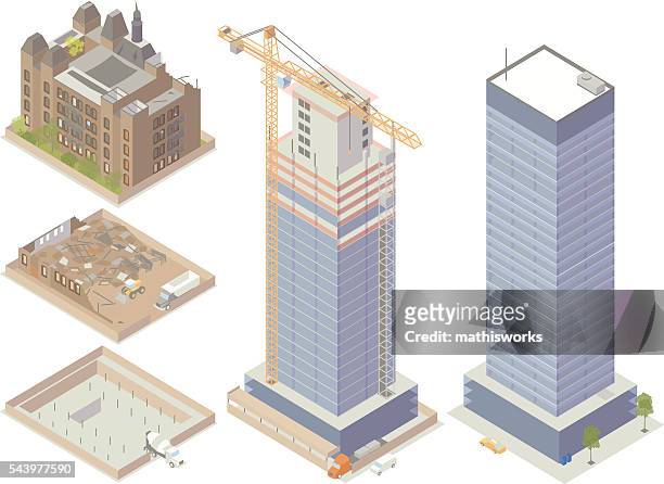 illustrazioni stock, clip art, cartoni animati e icone di tendenza di illustrazione di costruzione e demolizione - grattacielo