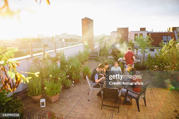 barbacoa y jardín en el último piso, medio grupo de personas, en verano, fiesta, - barbacoa amigos fotografías e imágenes de stock