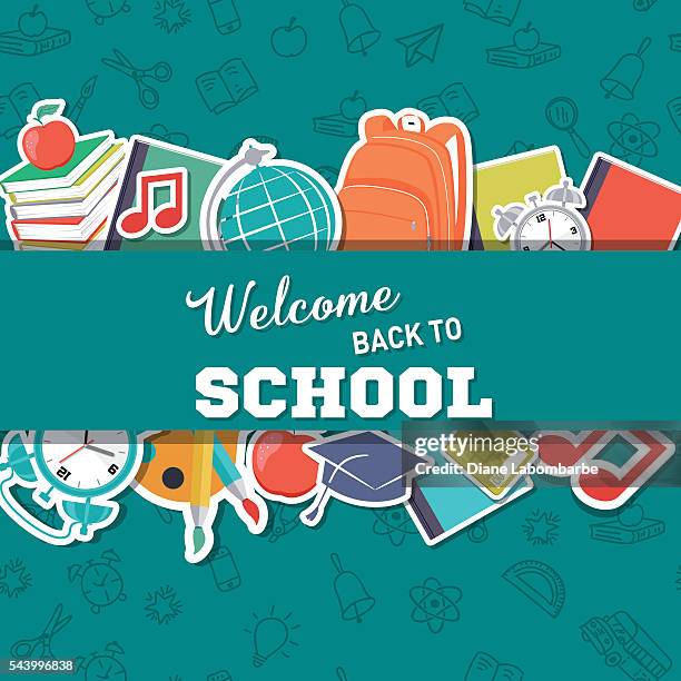 ilustraciones, imágenes clip art, dibujos animados e iconos de stock de suministros de regreso a la escuela de fondo - material escolar