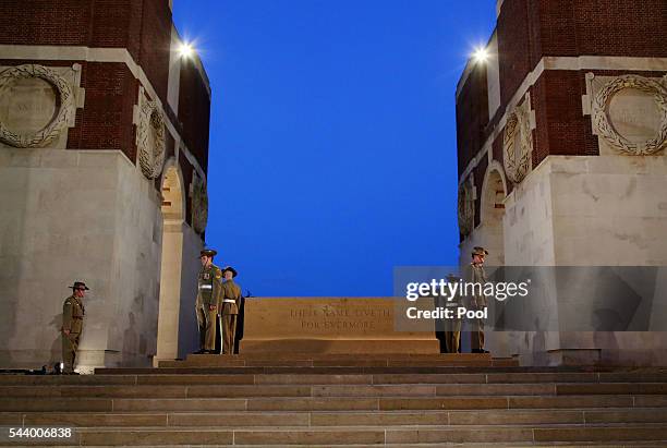 Soldiers take part in a vigil at the the Stone of Remembrance on June 30, 2016 in Thiepval, France. The event is part of the Commemoration of the...